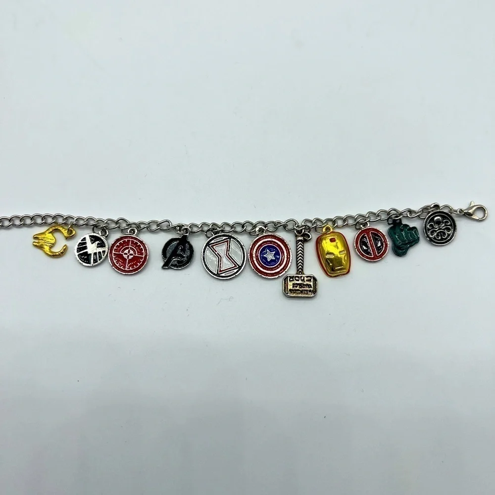 AVENGERS character charm bracelet featuring Thor’s hammer and other symbols